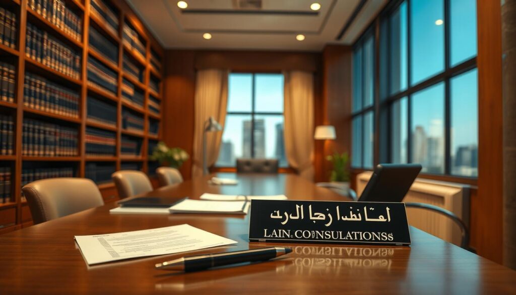 A law office with a warm, professional atmosphere. In the foreground, a desk with a nameplate that reads "Legal Consultations" in Arabic script. On the desk, a pen, papers, and a laptop. The middle ground features bookshelves lining the walls, filled with leather-bound law volumes. Soft, indirect lighting creates a cozy ambiance. The background showcases large windows overlooking a cityscape, suggesting the firm's prominence and expertise. The overall scene conveys trust, reliability, and a commitment to providing high-quality legal advice.