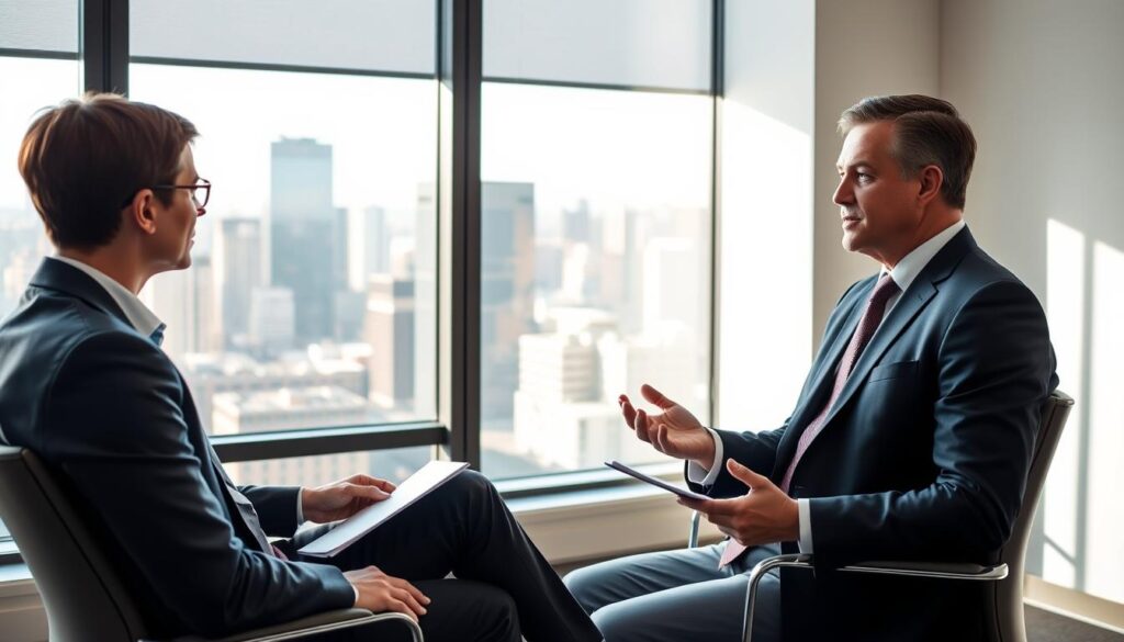 A legal consultation in a modern, well-lit office. The attorney, dressed in a crisp suit, sits across from the client, making direct eye contact and gesturing thoughtfully. The room has clean lines, with a large window overlooking a bustling city skyline. Soft natural light filters in, casting a warm glow on the scene. The client appears attentive, taking notes, as the attorney explains details of the case. The atmosphere conveys trust, professionalism, and a sense of the attorney's expertise and dedication to providing quality legal service.