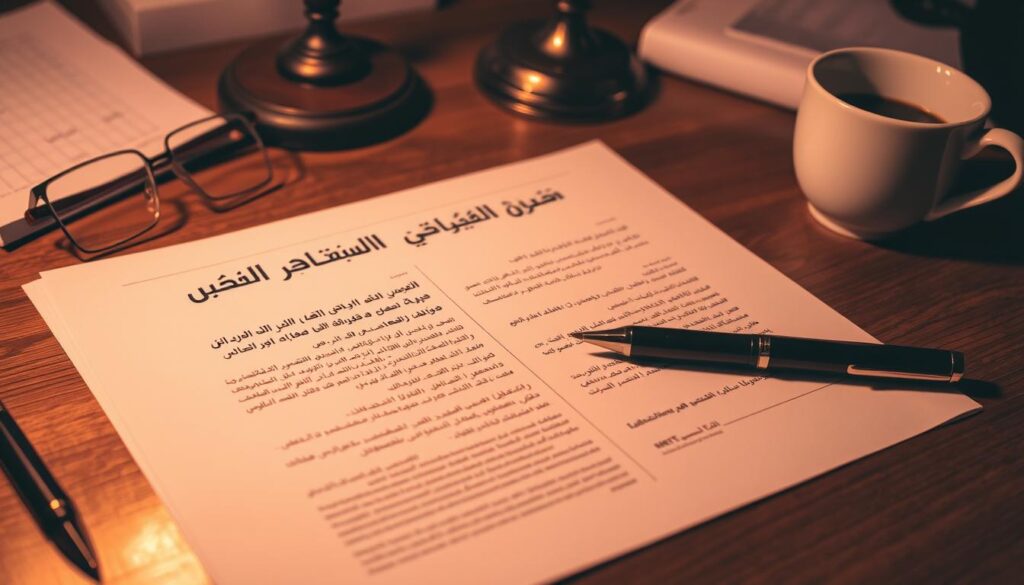 A legal partnership contract document in Arabic, with a formal, professional appearance. The contract is displayed on a wooden desk, with a pen, glasses, and a cup of coffee nearby, suggesting a business setting. The lighting is warm and slightly dramatic, creating a sense of gravity and importance. The contract pages are crisp and well-organized, with section headings and signatures visible. The background is softly blurred, keeping the focus on the central document. The overall atmosphere conveys the legal significance and seriousness of the partnership agreement.