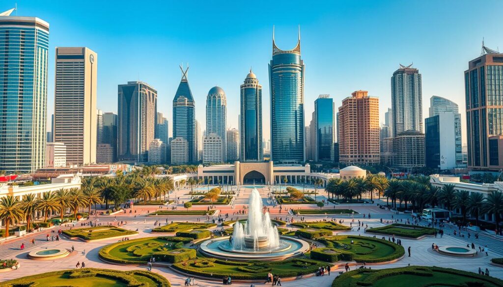 A majestic cityscape dominated by towering skyscrapers and bustling streets, highlighting the vibrant urban landscape of Riyadh. In the foreground, a serene public square is adorned with lush greenery and ornate water fountains, creating a peaceful oasis amidst the modern architectural backdrop. The middle ground features a diverse array of people engaged in various activities, symbolizing the diversity and inclusion of civil rights. Warm, golden sunlight casts a soft glow over the scene, conveying a sense of harmony and progress. The image should evoke a sense of progress, equality, and the exercise of civil liberties within the context of Riyadh's thriving legal landscape.