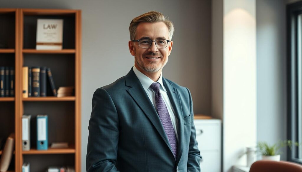 A male lawyer in a formal suit standing in a professional office setting, with a bookshelf and filing cabinets in the background. The lawyer has a confident, approachable expression, suggesting his expertise in labor law. Soft, warm lighting illuminates the scene, creating a welcoming atmosphere. The composition emphasizes the lawyer's role in providing legal services, with a focus on his positioning and body language to convey his professionalism and willingness to assist clients.