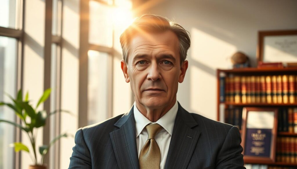 A meticulous labor lawyer stands confidently in a modern office, dressed in a sharp suit and tie. Sunlight streams through large windows, casting a warm, professional atmosphere. His face exudes determination and expertise, with a pensive gaze suggesting deep legal knowledge. In the background, a bookshelf filled with legal tomes and a framed diploma symbolize his credentials. The overall scene conveys the image of a seasoned, trustworthy labor law specialist ready to advocate for his clients.