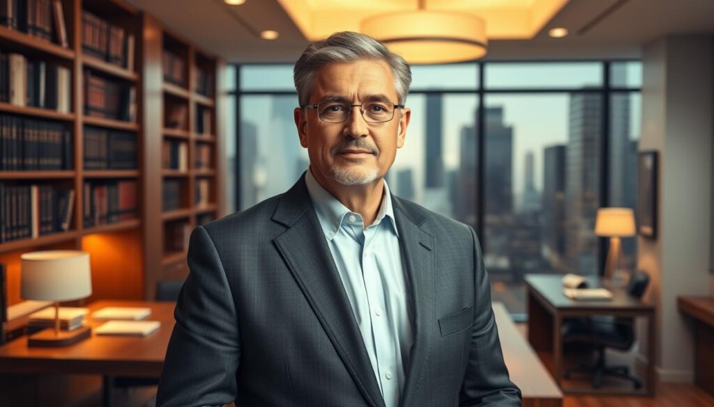A middle-aged man in a professional suit standing confidently in a modern, well-lit law office. The focal point is his earnest expression and determined gaze, conveying a sense of dedication to his work as a pro bono attorney. The background features floor-to-ceiling bookshelves, a large wooden desk, and a window overlooking a bustling city skyline, creating an atmosphere of authority and expertise. The lighting is warm and directional, highlighting the subject's face and projecting an aura of approachability and trustworthiness. The overall composition and mood suggest a competent, compassionate legal professional committed to serving those in need.