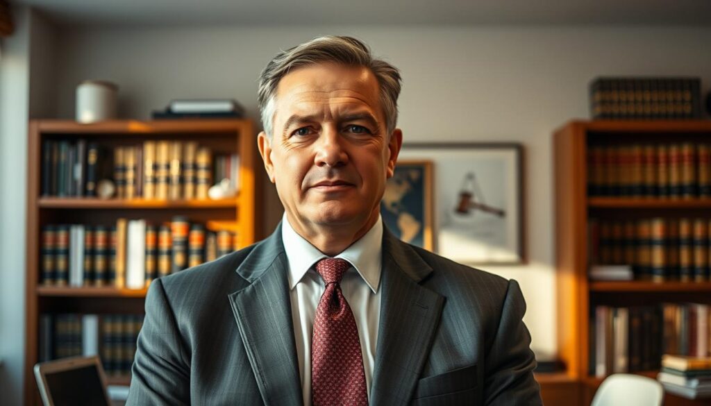 A middle-aged man in a suit and tie, standing confidently in a well-lit office setting. He has a stern yet compassionate expression, representing his role as a labor rights attorney advocating for the rights of workers. The background features bookshelves, a laptop, and other legal accoutrements, conveying his expertise and professionalism. Warm, natural lighting illuminates the scene, creating a sense of authority and approachability. The overall mood is one of trust, competence, and a commitment to protecting the interests of those he represents.