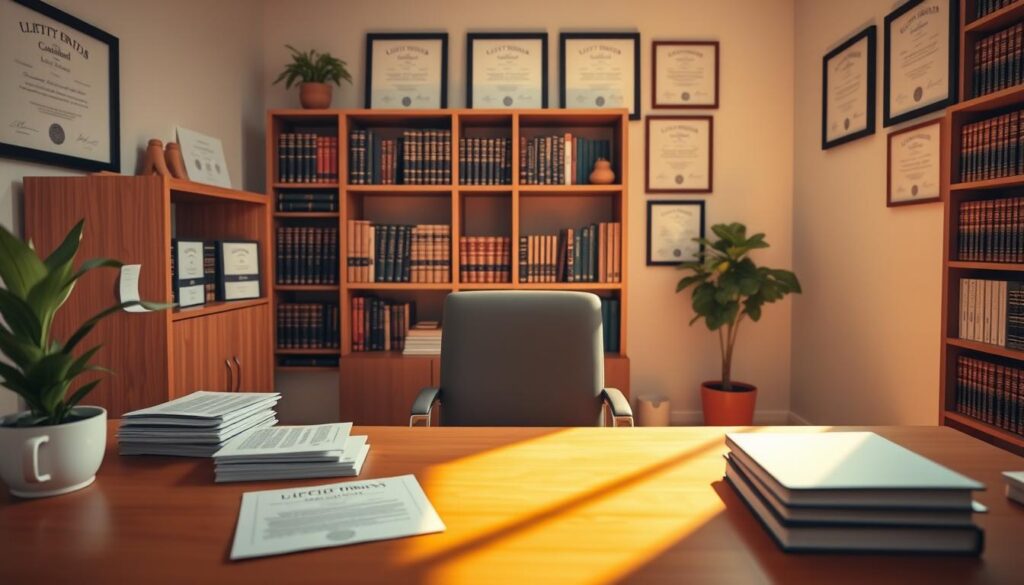 A minimalist office setting, bathed in warm, natural light. In the foreground, a wooden desk with a laptop, a stack of legal documents, and a potted plant. Behind it, a bookshelf overflowing with legal tomes. The walls are adorned with framed certificates and diplomas, conveying a sense of expertise and professionalism. In the middle ground, a comfortable client chair facing the desk, inviting visitors to sit and discuss their legal concerns. The overall atmosphere is one of approachability, competence, and a commitment to providing free legal consultations to those in need.