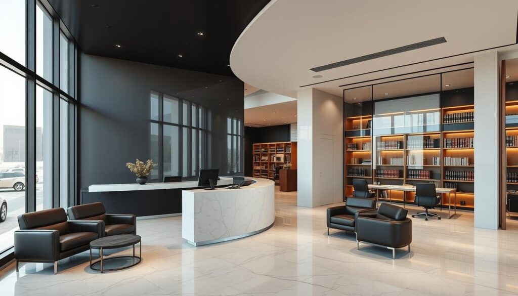 A modern and professional law office in Tabuk, Saudi Arabia. The building has a sleek, minimalist exterior with clean lines and large windows that let in natural light. The interior is designed with a sophisticated color palette of grays, blacks, and accents of warm wood tones. The reception area features a minimalist marble counter and plush leather seating. In the background, you can see the office spaces with neatly organized desks and bookshelves filled with legal volumes. The overall atmosphere conveys a sense of authority, expertise, and attention to detail that one would expect from a reputable law firm in Tabuk.