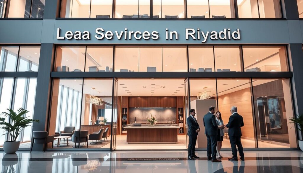 A modern and sleek office building with "Legal Services in Riyadh" prominently displayed on the facade. The interior is bright and airy, with large windows allowing natural light to flood the space. Well-appointed meeting rooms and an elegant reception area create an atmosphere of professionalism and sophistication. Lawyers in tailored suits consult with clients, exuding an air of expertise and confidence. The overall scene conveys the reliable and trustworthy nature of legal services available in the city of Riyadh.