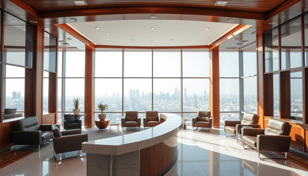 A modern and well-appointed law office in Dammam, Saudi Arabia. The interior features a mix of traditional and contemporary design elements, with rich wood accents, plush leather furnishings, and floor-to-ceiling windows that flood the space with natural light. The reception area has a sleek, minimalist aesthetic, with a curved marble desk and metallic accents. In the background, a panoramic view of the city skyline can be seen through the large windows, creating a sense of grandeur and professionalism. The overall atmosphere conveys a sophisticated and trustworthy legal practice, well-equipped to handle the complex needs of its clients.