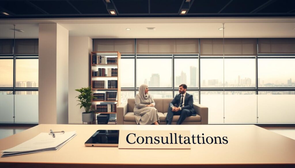 A modern, clean interior of a law office in Saudi Arabia. The foreground features a desk with a nameplate reading "Legal Consultations", accompanied by a tablet and some neatly arranged documents. The middle ground showcases a bookshelf filled with legal textbooks and a couch where a client is seated, engaged in a discussion with a professional-looking lawyer. The background depicts a large window overlooking the cityscape of Riyadh, allowing natural light to flow into the space. The overall atmosphere conveys a sense of expertise, trust, and a commitment to providing valuable legal guidance to the clients.