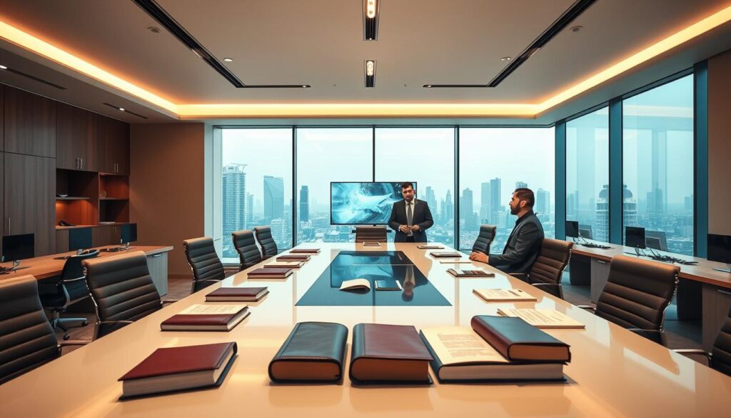 A modern corporate law office interior, illuminated by warm ambient lighting and large windows overlooking the Riyadh skyline. Sleek, minimalist desks and chairs, with a central conference table surrounded by leather-bound law books and digital screens displaying legal documents. In the foreground, well-dressed lawyers in formal attire engaged in a focused discussion, their body language conveying a sense of professionalism and expertise. The atmosphere exudes an air of authority, efficiency, and attention to detail, reflecting the meticulous legal practices of a reputable corporate law firm.