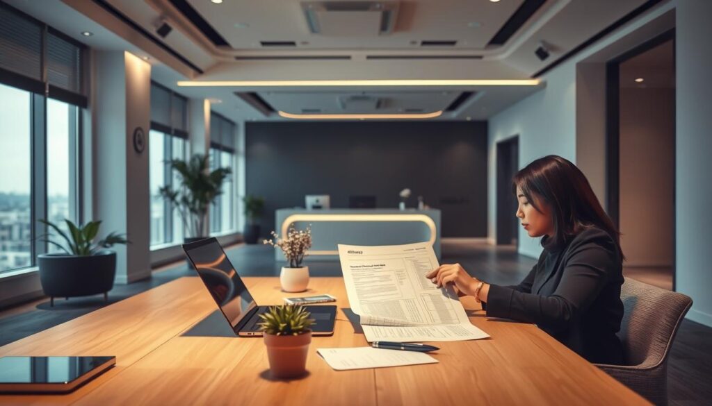 A modern, high-contrast office interior with a warm and professional atmosphere. In the foreground, a person sitting at a desk carefully reviewing insurance application documents. The desk is neatly organized with a laptop, pen, and a small potted plant. Soft, directional lighting casts a gentle glow, highlighting the detailed application form. In the middle ground, a sleek reception area with a receptionist's desk and minimal decor. The background features floor-to-ceiling windows overlooking a cityscape, adding depth and a sense of the insurance company's presence. The overall scene conveys efficiency, attention to detail, and a customer-centric approach to the Allianz life insurance application process.
