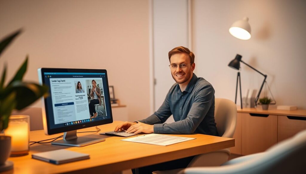 A modern home office with a desktop computer, legal documents, and a person sitting at the desk engaged in an online legal consultation. The lighting is soft and warm, creating a professional yet approachable atmosphere. The scene is framed with minimalist decor, highlighting the focus on the digital interaction. The angle is slightly elevated, giving a sense of trust and confidence in the online legal service. The person's expression conveys thoughtfulness and engagement, reflecting the serious nature of the consultation.