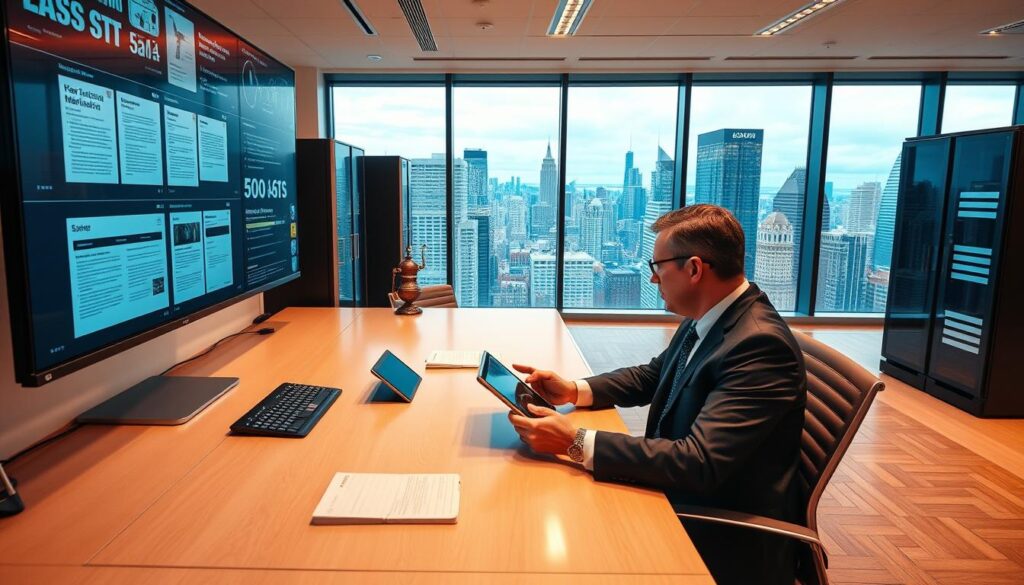 A modern law office, filled with sleek workstations and the latest technology. High-definition screens display case files and legal documents, while a high-powered server hums in the corner. A lawyer sits at their desk, hands flying across a touchscreen tablet, collaborating with colleagues via video call. The room is bathed in a warm, professional lighting, creating an atmosphere of efficiency and productivity. The large windows offer a panoramic view of the bustling city skyline, a testament to the firm's success and prominence. The overall scene conveys the vital role technology plays in the daily operations and success of a cutting-edge law practice.