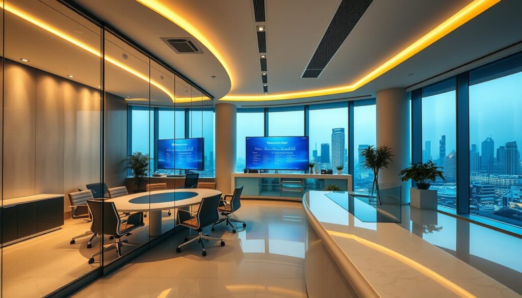 A modern law office in Saudi Arabia, featuring a sleek and minimalist interior design. The foreground showcases a glass-enclosed conference room, with a large, curved table and ergonomic chairs. Warm, indirect lighting casts a cozy glow, creating an atmosphere of professionalism and efficiency. In the middle ground, a reception area with a clean, white marble counter and a digital display showcasing the firm's services. The background reveals floor-to-ceiling windows, offering a panoramic view of the city skyline, reflecting the intersection of traditional legal practice and technological innovation.