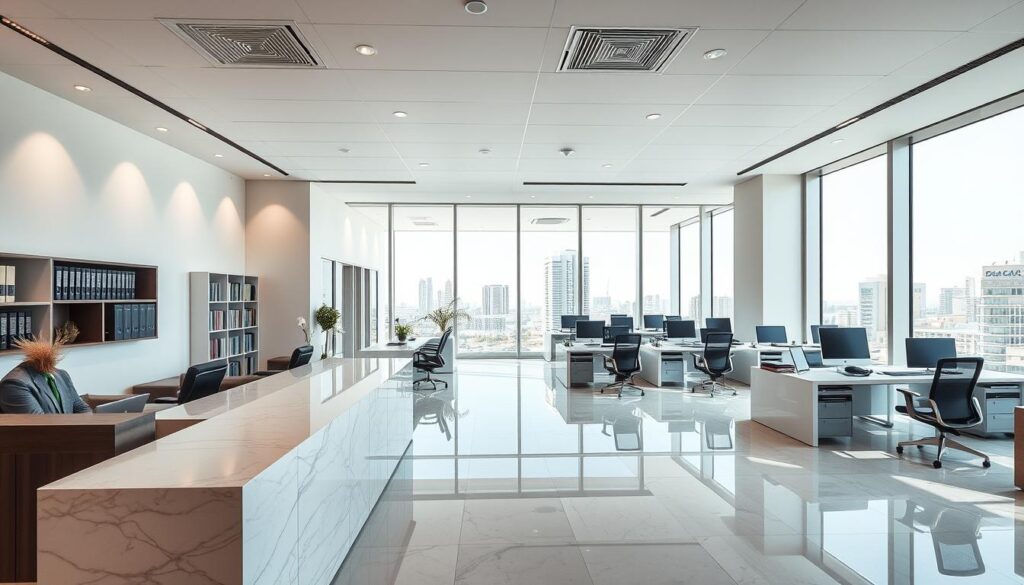 A modern law office in Tabuk, Saudi Arabia, featuring a minimalist and professional design. The interior is filled with natural light, with large windows overlooking the cityscape. The reception area has a sleek, polished marble counter and comfortable seating for clients. The main office space is organized with neatly arranged desks, shelves of legal documents, and a conference table for client meetings. The lighting is a mix of recessed ceiling fixtures and task lighting, creating a warm and inviting atmosphere. The overall aesthetic conveys a sense of transparency, reliability, and attention to detail - qualities that reflect the firm's commitment to providing high-quality legal services.