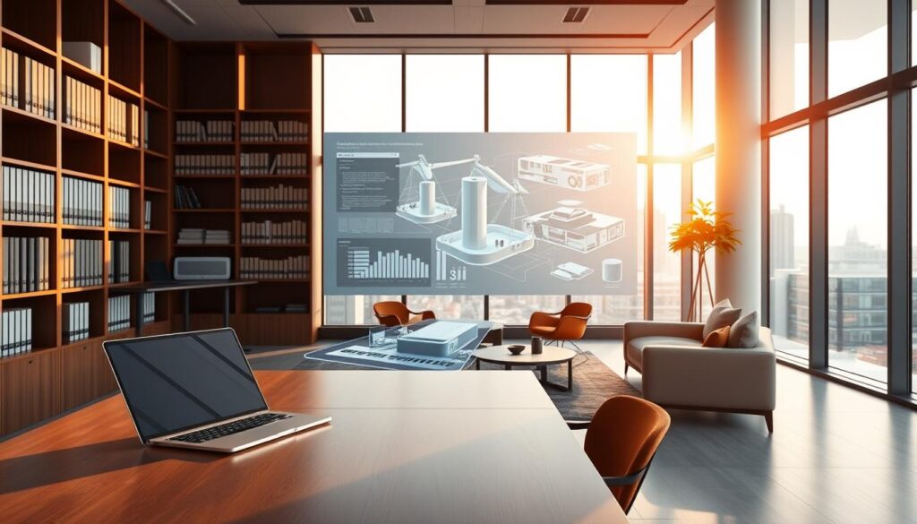 A modern law office interior, bathed in warm, natural lighting filtering through tall windows. In the foreground, a sleek, minimalist desk with a laptop, digital tablet, and an AR headset - symbols of the profession's technological evolution. Behind it, bookshelves and file cabinets give way to a large, high-resolution display showcasing a 3D model of a complex legal case, with data visualizations and interactive elements. In the middle ground, a client meeting area with comfortable chairs and a coffee table, reflecting the firm's focus on personalized, technology-enhanced services. The background reveals a cityscape outside, hinting at the global, interconnected nature of modern legal practice. The overall mood is one of innovation, efficiency, and a seamless fusion of human expertise and digital tools.