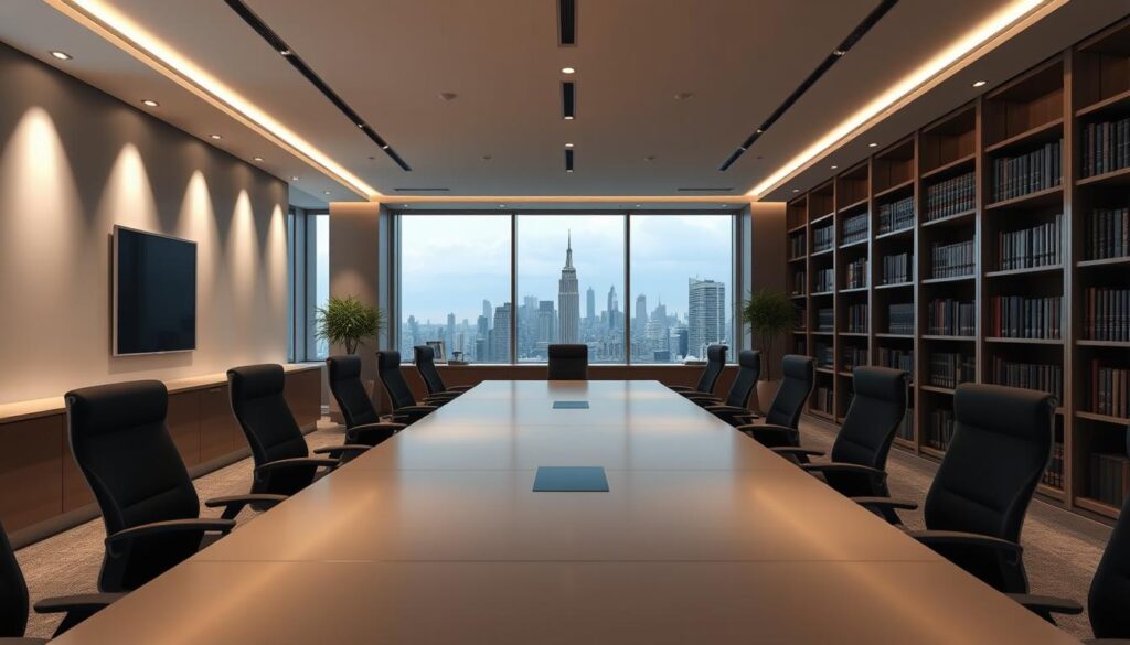 A modern law office interior with sleek, minimalist design. A large conference table dominates the foreground, surrounded by ergonomic chairs and floor-to-ceiling bookshelves lining the walls. Soft, diffused lighting creates a professional, well-appointed atmosphere. In the background, a panoramic window offers a view of a bustling city skyline. The overall impression is one of efficiency, expertise, and attention to detail - qualities that would inspire confidence in a prospective client seeking legal services.