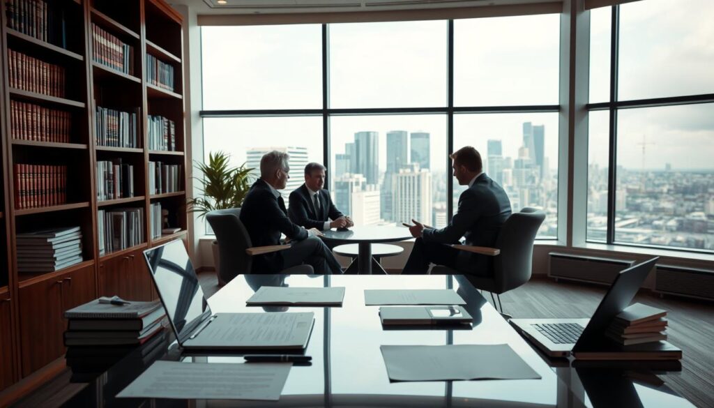 A modern law office with a focus on real estate law, bathed in warm lighting. A large desk in the foreground, with neatly organized documents and a laptop. Behind it, bookshelves line the walls, conveying a sense of expertise and professionalism. In the middle ground, two clients sit across from the lawyer, engaged in a serious discussion. The background features large windows overlooking a cityscape, hinting at the scope of the firm's services. The overall atmosphere is one of trust, competence, and attention to detail, reflecting the specialized legal consultation offered.