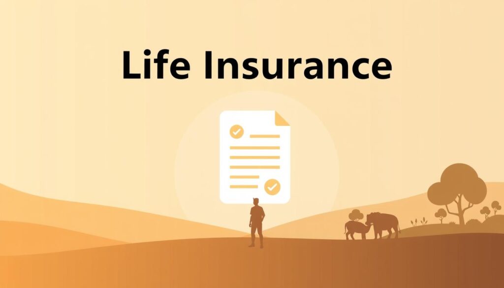 A modern, minimalist illustration of "Life Insurance" in a warm, calming color palette. In the foreground, a serene silhouette of a person standing amid a lush natural landscape, conveying a sense of protection and security. In the middle ground, a geometric structure representing a life insurance policy document, its clean lines and simplified forms emphasizing the simplicity and reliability of the service. The background features a soft, gradient sky, creating a peaceful, contemplative atmosphere. The overall composition is balanced, with the focus on the core concept of life insurance as a reliable safeguard for the future.