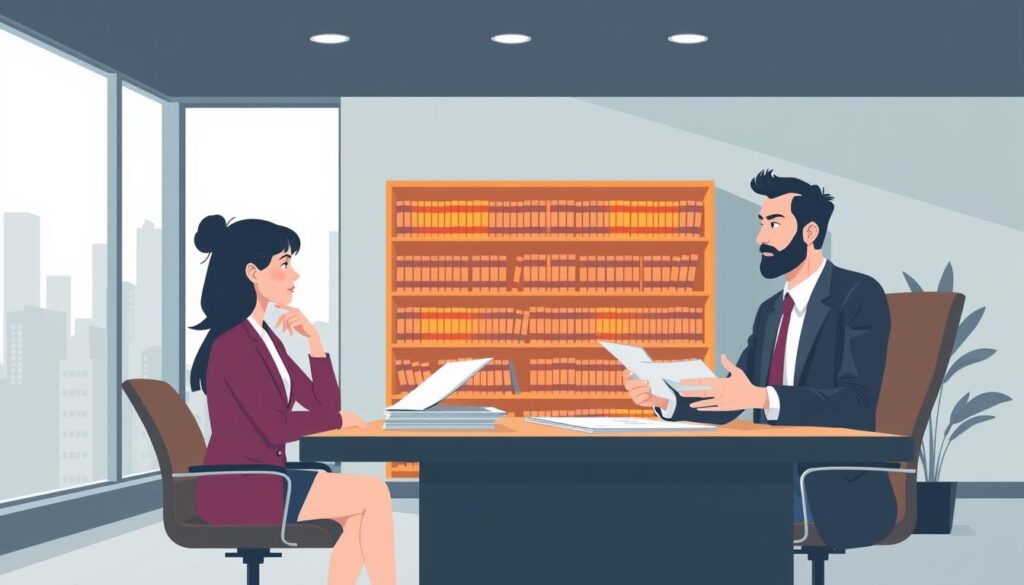 A modern, minimalist illustration of a legal consultation session. In the foreground, a confident male lawyer in a sharp suit sits at a desk, gesturing as he discusses important documents with a contemplative female client. The middle ground features a bookshelf filled with law volumes, casting a warm glow from the recessed lighting above. The background depicts a stylized cityscape through large windows, conveying a sense of professionalism and authority. The overall mood is one of trust, expertise, and thoughtful deliberation, reflecting the steps involved in obtaining valuable legal advice.