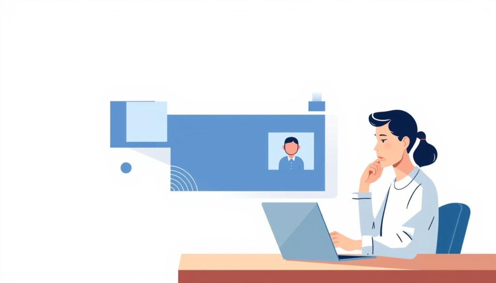 A modern, minimalist illustration of an online legal consultation. In the foreground, a person sitting at a desk engrossed in a video call on a laptop, with a thoughtful expression. The middle ground features abstract, geometric shapes and patterns in shades of blue and gray, suggesting the digital, tech-savvy nature of the service. The background is a clean, neutral space, allowing the central focus to be the person and the laptop interface. Soft, directional lighting casts subtle shadows, creating depth and a sense of professionalism. The overall mood is one of efficiency, simplicity, and trustworthiness, reflecting the nature of the "effective online legal consultation" being depicted.
