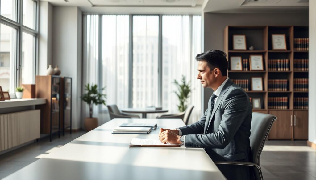 A modern, minimalist image of a corporate law firm providing legal consultations for small businesses. In the foreground, a professional-looking businessperson in a suit sits at a desk, deep in discussion with a client. The middle ground features shelves of law books and framed certificates on the walls, conveying expertise and authority. The background shows an elegant, well-lit office space with large windows allowing natural light to flood the scene, creating a warm, inviting atmosphere. The lighting is soft and diffused, with subtle shadows adding depth and dimension. The color palette is predominantly muted tones of gray, brown, and beige, with occasional pops of color to draw the eye. The overall impression is one of trustworthiness, professionalism, and a commitment to guiding small businesses through legal challenges.