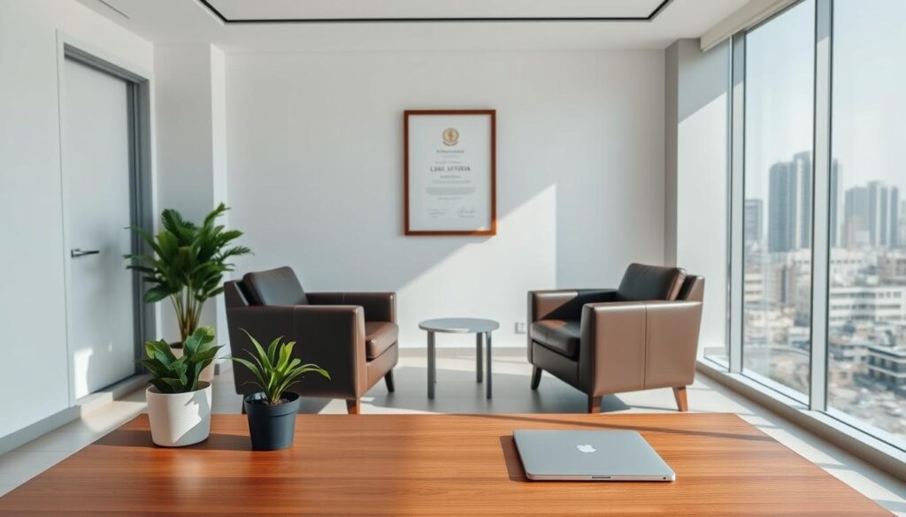 A modern, minimalist law office interior with natural lighting and a calming atmosphere. In the foreground, a wooden desk with a potted plant and a laptop. On the wall behind, a framed legal certificate and a simple, abstract artwork. The middle ground features two leather armchairs facing each other, creating an inviting consultation space. The background showcases floor-to-ceiling windows with a view of a bustling cityscape of Jeddah. An overall sense of professionalism, approachability, and accessibility for free legal consultations.