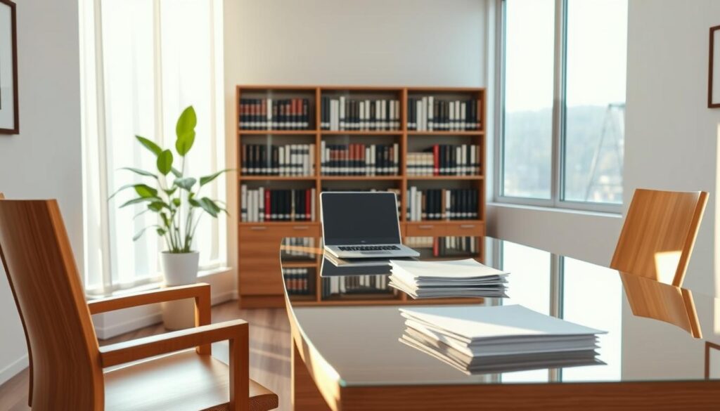 A modern, minimalist legal office with a glass desk, wooden chairs, and a potted plant. Soft, natural lighting filters through large windows, casting a warm, inviting glow. A well-organized bookshelf lines the back wall, hinting at the wealth of legal knowledge within. On the desk, a laptop and a stack of documents suggest the diligent work being done to provide free legal consultations. The overall atmosphere is one of professionalism, accessibility, and a commitment to serving the community.