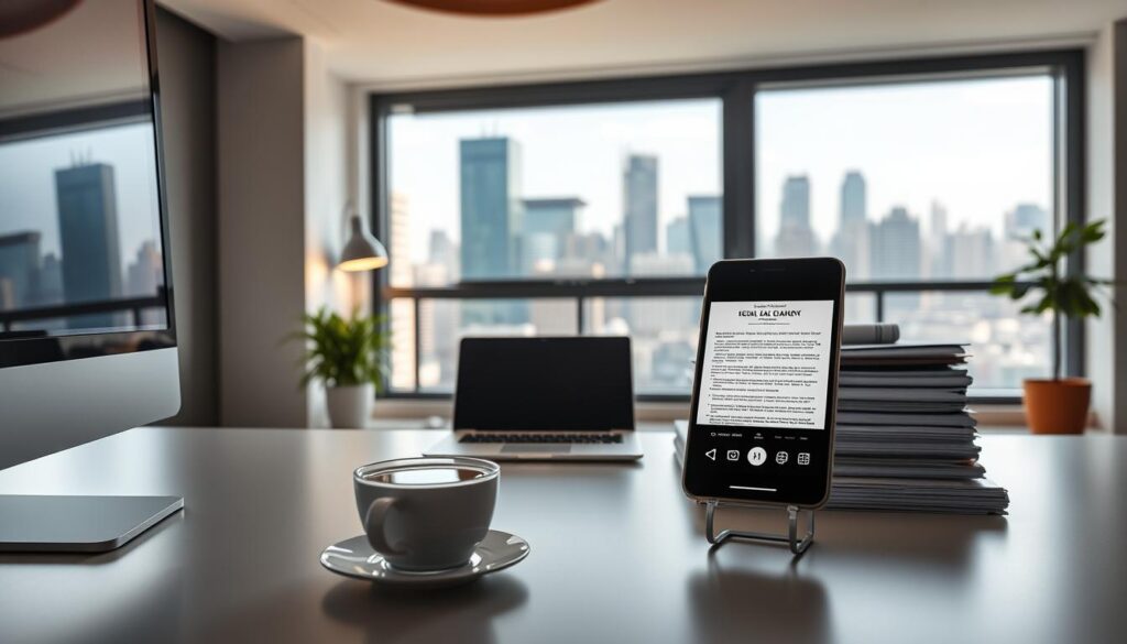 A modern, minimalist office interior with a clean, professional atmosphere. The foreground features a desktop computer, a cup of coffee, and a smartphone displaying legal documents. The middle ground showcases a well-organized workspace with a laptop, a tablet, and a neatly arranged stack of files. The background depicts a large window overlooking a vibrant cityscape, creating a sense of connectivity and accessibility. The lighting is soft and natural, conveying a sense of tranquility and focus. The overall composition suggests the seamless integration of technology and legal expertise, highlighting the convenience and efficiency of online legal consultations.