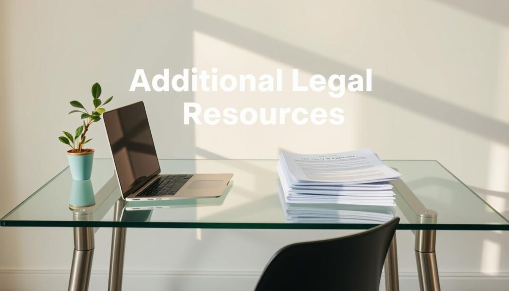 A modern, minimalist office setting with a glass desk, a laptop, and a small potted plant. The lighting is soft and natural, casting a warm glow across the scene. On the desk, various legal documents and files are neatly arranged, hinting at the additional resources available for legal consultations. The background is a simple, neutral-toned wall, allowing the focus to remain on the desk and its contents. The overall atmosphere is professional, organized, and inviting, reflecting the informative and helpful nature of the "Additional Legal Resources" section.