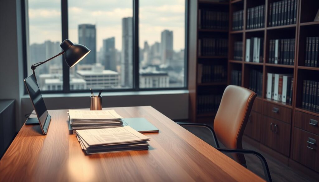A modern, minimalist office setting with a wooden desk and chair. On the desk, there are stacks of legal documents, a laptop, and a pen holder. The lighting is soft and diffused, creating a warm, professional atmosphere. In the background, there is a bookshelf filled with law books, and a window overlooking a city skyline. The overall scene conveys a sense of preparation and focus, as if the user is getting ready for an important legal proceeding.