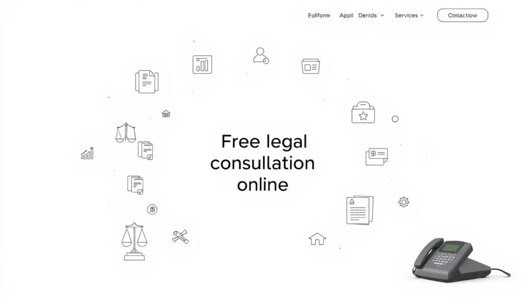 A modern, minimalist web interface featuring a clean, white background. In the center, a minimalist icon or illustration representing "free legal consultation online". Surrounding the central image, various icons and graphics symbolizing legal services, such as scales of justice, document files, and a telephone. The overall composition conveys a sense of accessibility, professionalism, and ease of use for obtaining free online legal advice.