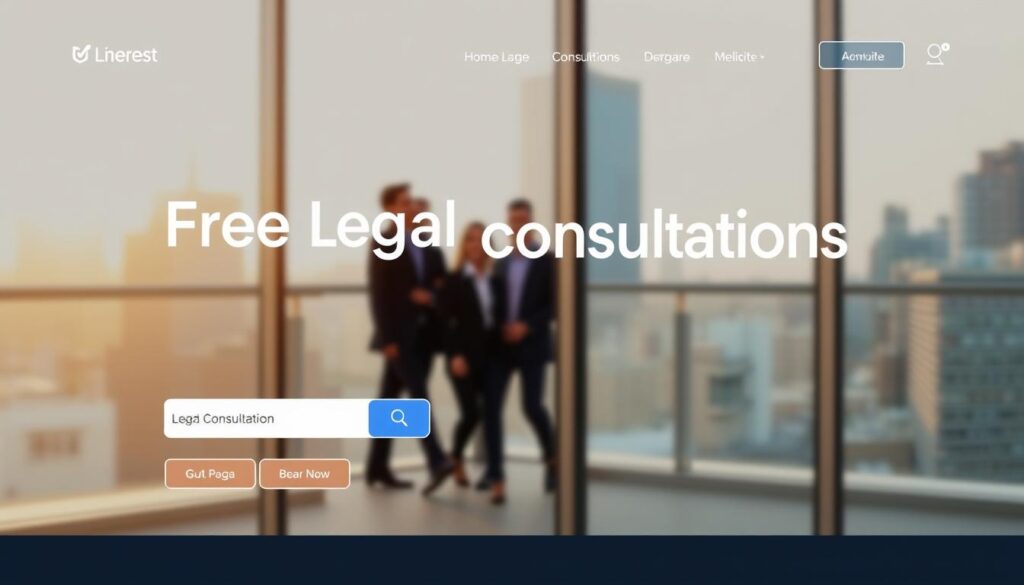 A modern, minimalist website layout showcasing a section for "Free Legal Consultations". The foreground depicts a clean, professional-looking interface with a prominent search bar and buttons to initiate a consultation. The middle ground features an inviting hero image of a team of lawyers in a law office, conveying a sense of expertise and trustworthiness. The background is a softly blurred cityscape, hinting at the urban setting of the legal practice. The overall mood is one of accessibility, reliability, and an emphasis on providing valuable legal guidance to the user. Warm lighting and a neutral color palette create a calming, approachable atmosphere.