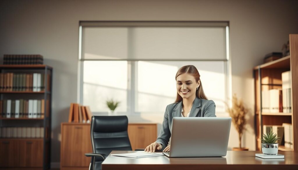 A modern office interior with a desk, comfortable chair, and legal books on the shelves. In the foreground, a woman in a professional suit sits at the desk, focused on her laptop, her expression warm and welcoming. On the wall behind her, a large window lets in soft, natural lighting, casting a peaceful atmosphere. The room is decorated with minimalist, earthy tones, creating a sense of professionalism and approachability. The overall scene conveys the idea of a free legal consultation service, where individuals can seek expert guidance in a comfortable, inviting environment.