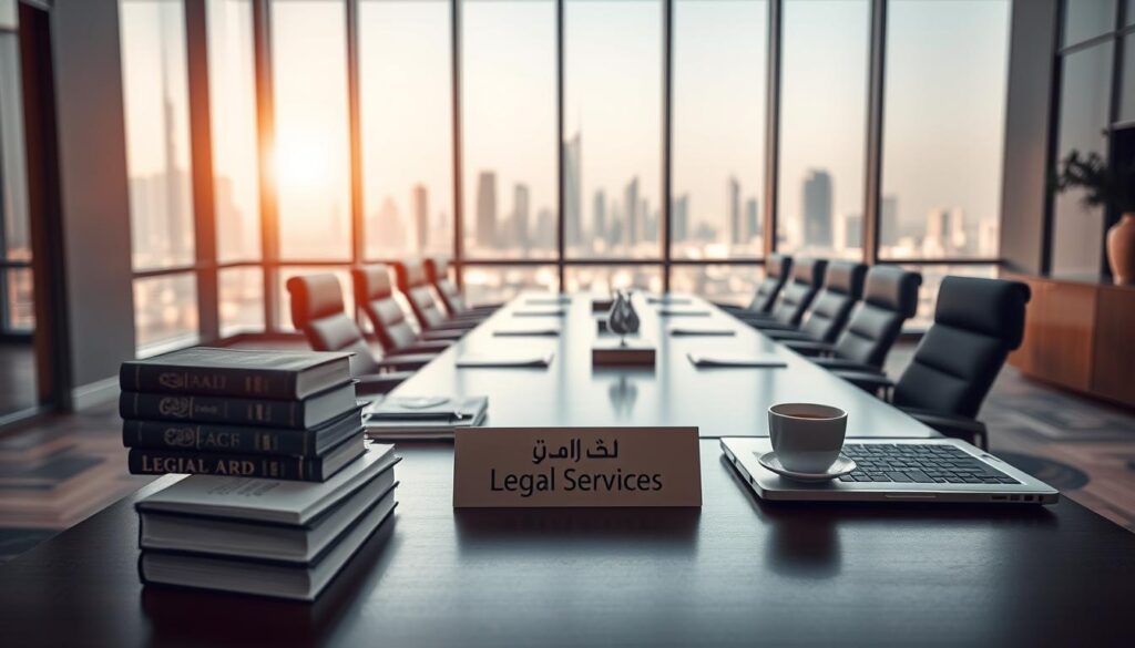 A modern office interior with a focus on a law firm in Riyadh. The foreground features a professional-looking desk with a nameplate reading "Legal Services" in Arabic. On the desk are neatly arranged law books, a laptop, and a cup of coffee. The middle ground showcases floor-to-ceiling windows overlooking the Riyadh skyline, bathed in warm, natural light. The background depicts an elegant conference room with a long wooden table and leather chairs, creating an atmosphere of authority and expertise. The overall mood conveys a sense of trustworthiness, efficiency, and attention to detail expected from a reputable law firm in the heart of Riyadh.