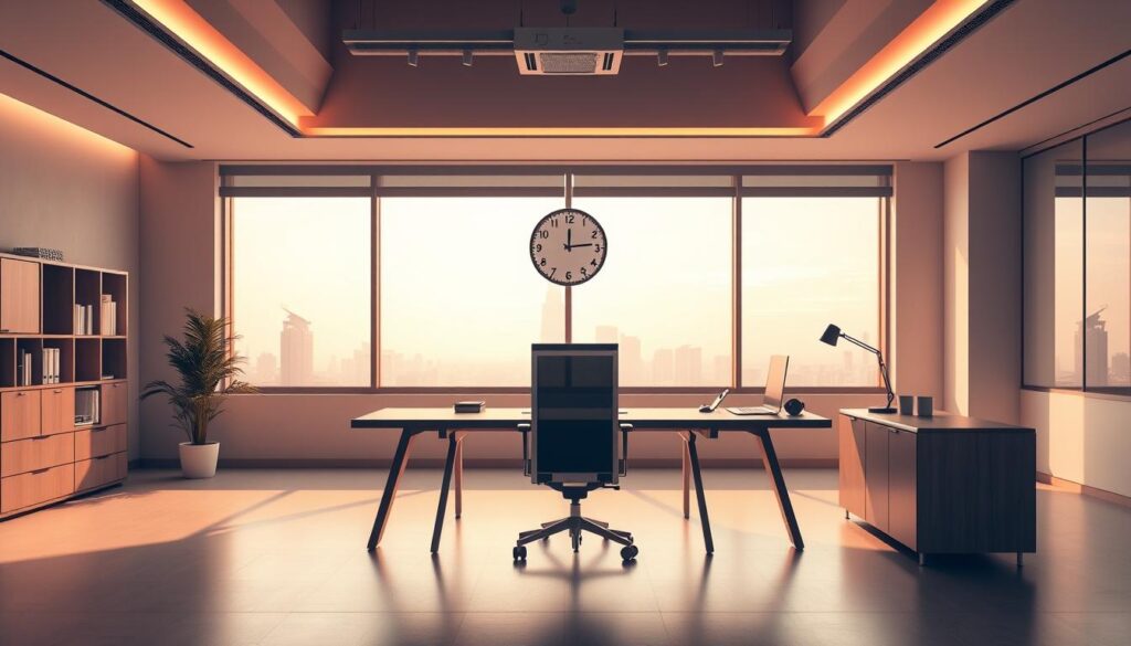 A modern office interior with a large desk, ergonomic chair, and digital clock prominently displayed. Warm overhead lighting casts a soft glow, creating a focused and productive atmosphere. Geometric shapes and clean lines define the minimalist design, hinting at the structure and organization of the workplace. In the background, a large window offers a scenic cityscape, suggesting the balance between work and life. The overall scene conveys the importance of well-regulated work hours and the legal framework that governs them.