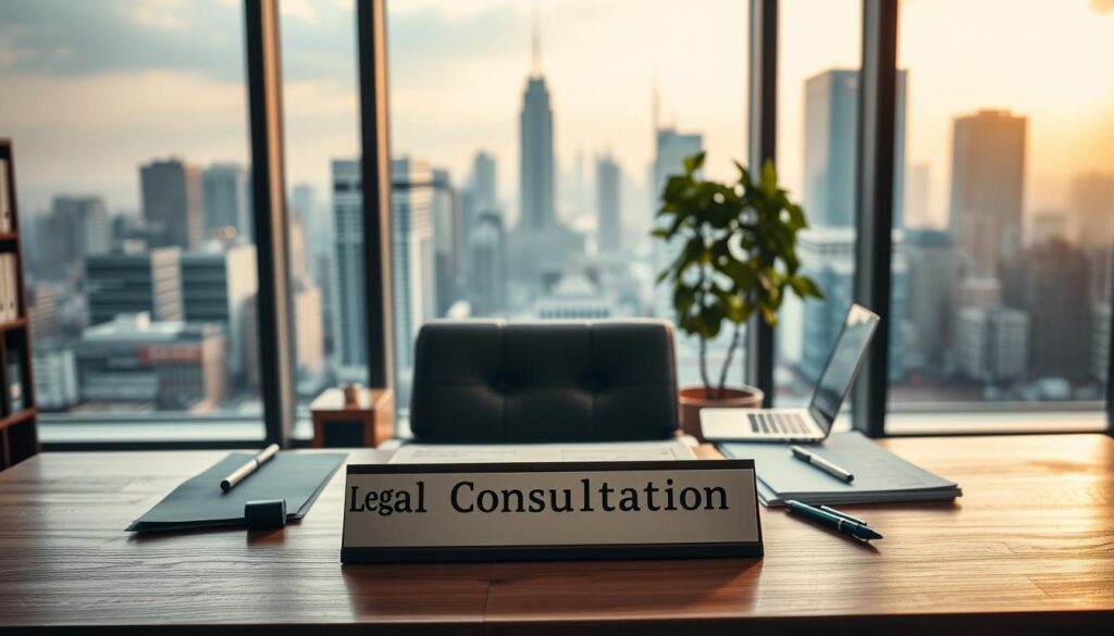 A modern office interior with a large window overlooking a bustling city skyline. In the foreground, a wooden desk with a placard that reads "Legal Consultation" and a neatly organized array of documents, pens, and a laptop. The middle ground features a comfortable leather chair and a potted plant, creating a professional yet welcoming atmosphere. The background is softly lit, with warm lighting filtering through the window, casting a pensive glow over the scene. The overall mood is one of diligence, expertise, and a sense of purpose, reflecting the importance of legal guidance in shaping a thriving community.