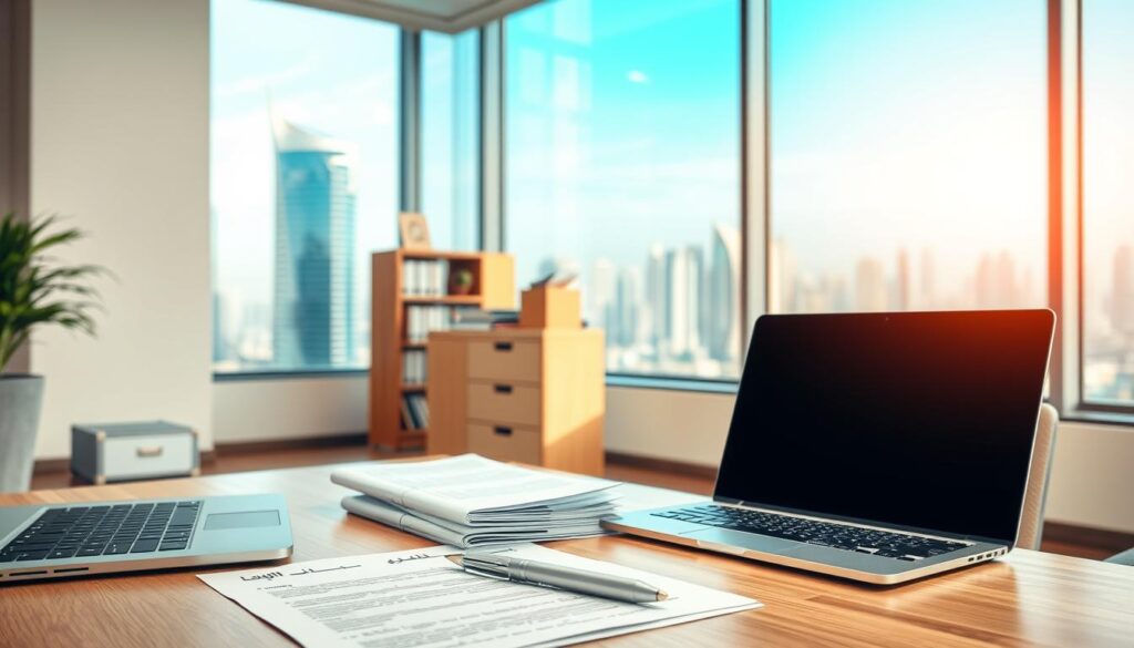 A modern office interior with a warm, professional atmosphere. In the foreground, a desk with a laptop, pen, and stack of documents representing the key requirements for life insurance in Saudi Arabia. The middle ground features a filing cabinet and bookshelf, symbolizing the regulatory and legal aspects. The background showcases a large window overlooking a bustling city skyline, evoking the sense of security and protection that life insurance provides. Soft, directional lighting illuminates the scene, creating depth and highlighting the important elements. The overall composition conveys the comprehensive nature of life insurance considerations in the Saudi context.