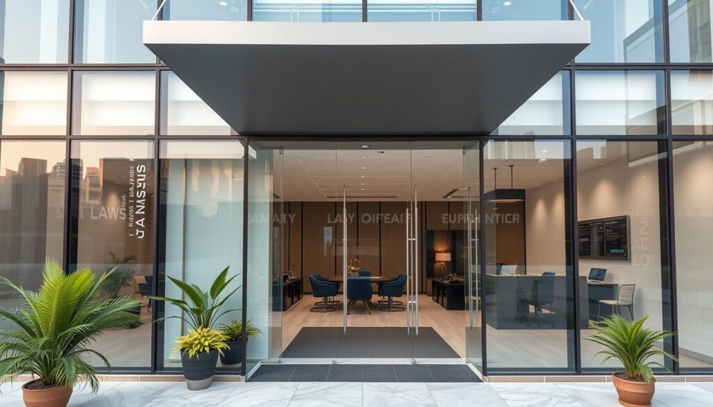 A modern, professional law office in Dammam, Saudi Arabia. The building facade is made of glass and steel, conveying a sleek, contemporary design. The entrance is framed by a minimalist overhang, leading into a spacious lobby with clean lines and neutral tones. Potted plants and subtle lighting fixtures add a touch of warmth. Through the glass walls, we glimpse a well-appointed conference room and private offices, where lawyers consult with clients. The atmosphere is one of efficiency, expertise and discretion - an environment tailored to facilitate the serious work of the legal profession.