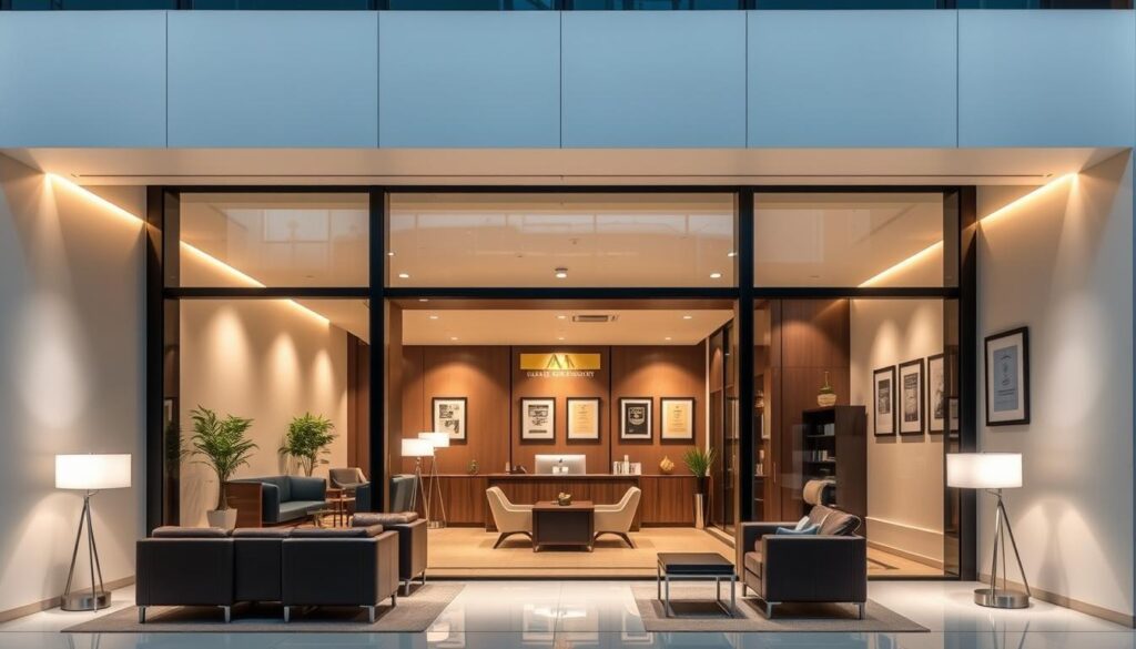 A modern, professional law office in Jeddah, Saudi Arabia. The exterior features a sleek, minimalist design with clean lines and large windows that let in natural light. The interior has a spacious layout with minimalist furniture, plush leather seating, and a reception area with a warm, inviting atmosphere. Sophisticated lighting fixtures cast a soft glow, and the walls are adorned with framed legal certificates and artwork. The office conveys a sense of prestige, expertise, and client-focused service, creating an impression of a reputable and trusted law firm.