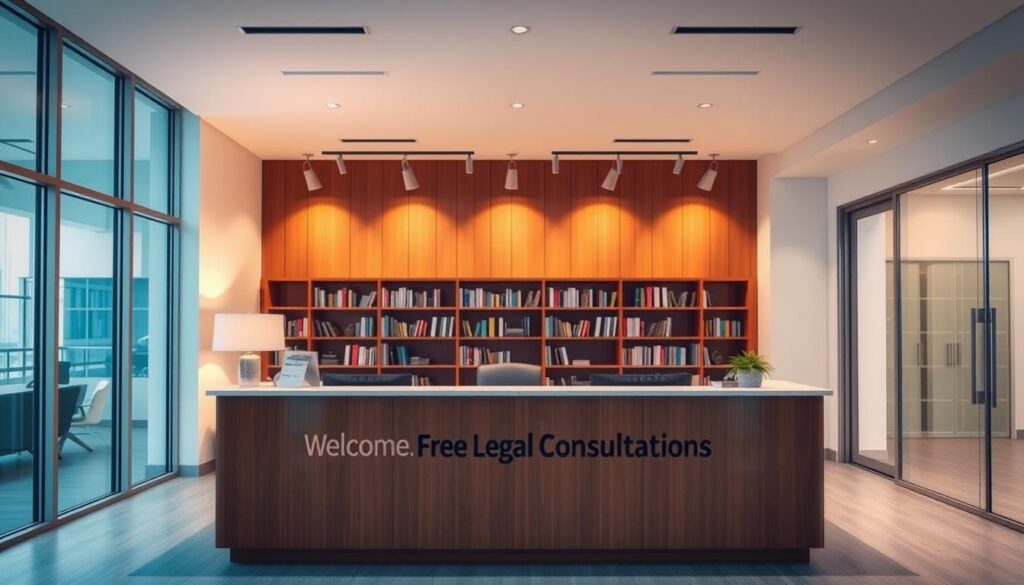 A modern, professional law office interior with floor-to-ceiling windows, an inviting reception area, and a clean, minimalist aesthetic. Warm lighting casts a soft glow, highlighting a large reception desk with a welcoming sign that reads "Free Legal Consultations". In the background, a bookshelf-lined wall showcases the firm's expertise. The scene conveys a sense of expertise, accessibility, and a commitment to providing high-quality legal services at no cost to the client.