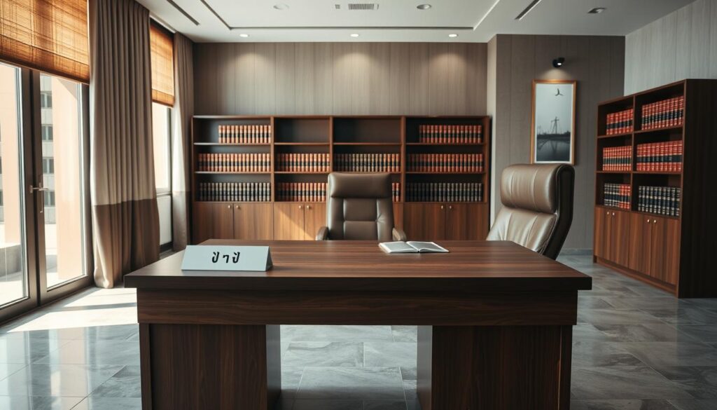 A modern, professional law office interior with sleek, minimalist design. A large wooden desk with a nameplate "اختيار مكتب محاماة" sits in the foreground, illuminated by soft, natural lighting from a nearby window. The desk is accompanied by a comfortable, high-backed leather chair. The middle ground features bookcases filled with law volumes, and a polished, stone-tiled floor. The background showcases a sophisticated, neutral color palette, with muted artwork on the walls, creating a sense of authority and expertise. The overall atmosphere evokes a sophisticated, trustworthy, and client-focused environment for a legal practice.