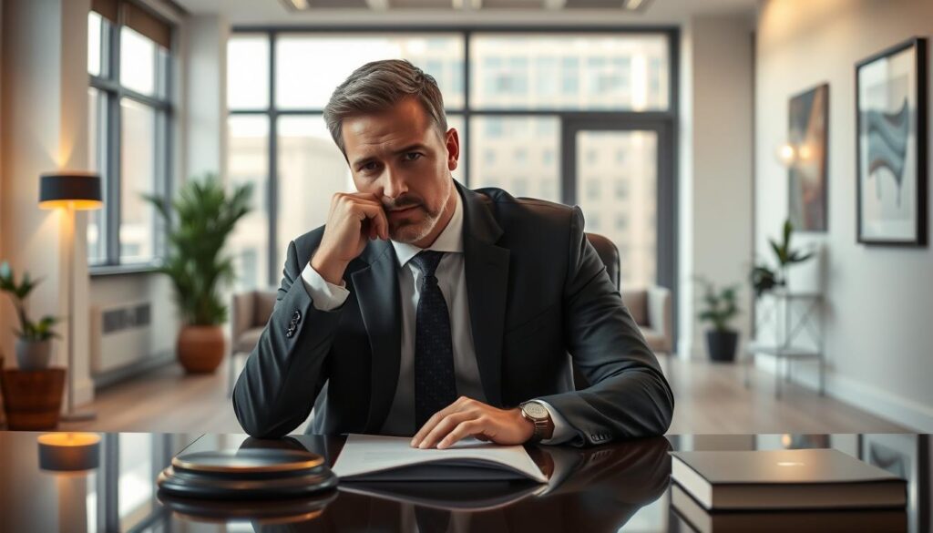 A modern, professional office interior with a male lawyer in a suit sitting at a desk, deep in thought. The room is well-lit with warm, natural lighting from large windows. Subtle decorative elements like potted plants and artwork on the walls create a serene, sophisticated atmosphere. The lawyer's expression conveys a sense of focused contemplation as he considers a legal matter. The scene highlights the importance of professional legal consultation for business needs. A modern, professional office interior with a male lawyer in a suit sitting at a desk, deep in thought. The room is well-lit with warm, natural lighting from large windows. Subtle decorative elements like potted plants and artwork on the walls create a serene, sophisticated atmosphere. The lawyer's expression conveys a sense of focused contemplation as he considers a legal matter. The scene highlights the importance of professional legal consultation for business needs.