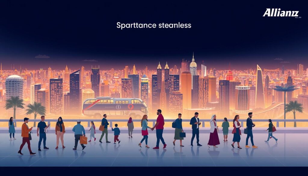 A modern, seamless insurance coverage illustration showcasing Allianz's comprehensive offerings. A panoramic scene depicts a vibrant cityscape in the background, with a central focus on a diverse group of people enjoying their daily lives, representing the varied clientele served by Allianz. The image conveys a sense of security, protection, and peace of mind, reflecting the reliable and expansive insurance solutions provided by the company. Soft, warm lighting highlights the scene, creating a welcoming and approachable atmosphere. The composition balances the urban setting with the human elements, visually communicating Allianz's commitment to tailoring its services to the unique needs of its customers in Saudi Arabia.