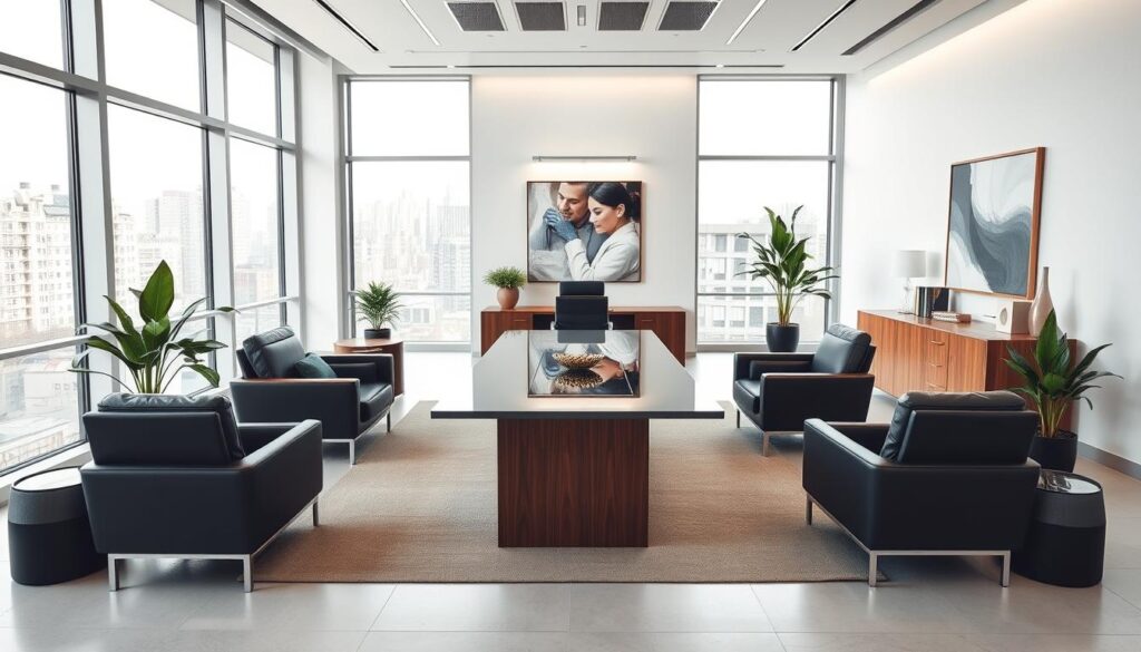 A modern, sleek law office specializing in family law matters. The spacious interior features floor-to-ceiling windows, allowing ample natural light to illuminate the minimalist yet refined decor. Elegant furniture, including plush leather chairs and a substantial wooden desk, creates an atmosphere of professionalism and expertise. Strategically placed plants and a tasteful abstract artwork add touches of warmth. A large conference table in the center of the room suggests a collaborative, client-focused approach. The lighting is soft and indirect, creating a calming ambiance. A subtle technological presence, such as a large monitor or tablet, hints at the firm's embrace of modern legal practices. An overall sense of sophistication and attention to detail conveys the lawyers' dedication to providing exceptional personal legal services.