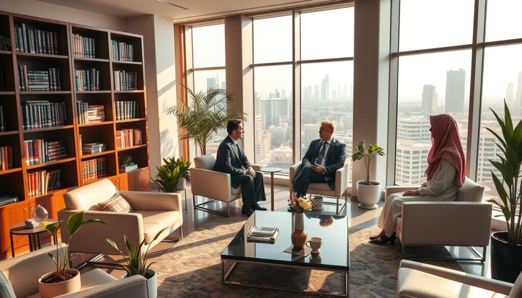 A modern, well-appointed law office in Dammam, Saudi Arabia, bathed in warm natural light. Professionally dressed lawyers consult with clients in a spacious reception area, surrounded by bookshelves, potted plants, and sleek furniture. In the background, glimpses of the bustling city skyline are visible through large windows. The atmosphere conveys a sense of expertise, professionalism, and dedication to providing comprehensive legal services to the local community.