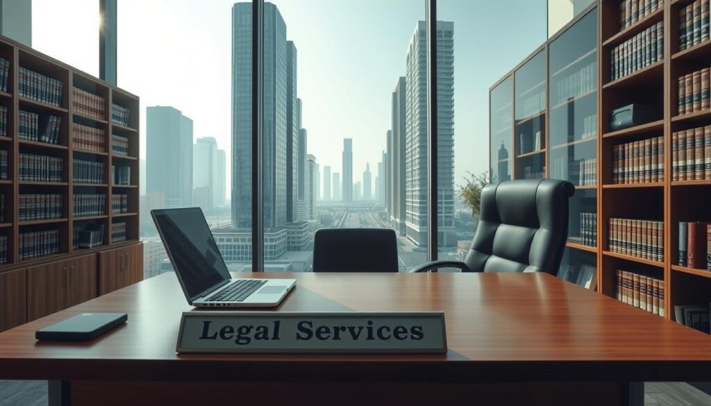 A modern, well-appointed law office in Dammam, Saudi Arabia. The foreground features a wooden desk with a laptop, a nameplate reading "Legal Services Dammam", and a leather desk chair. In the middle ground, tall bookshelves line the walls, filled with legal tomes. Soft, natural lighting filters in through large windows, creating a professional and approachable atmosphere. The background showcases the cityscape of Dammam, with its towering skyscrapers and bustling streets. The overall scene conveys a sense of expertise, efficiency, and accessibility in legal services catered to the Dammam community.