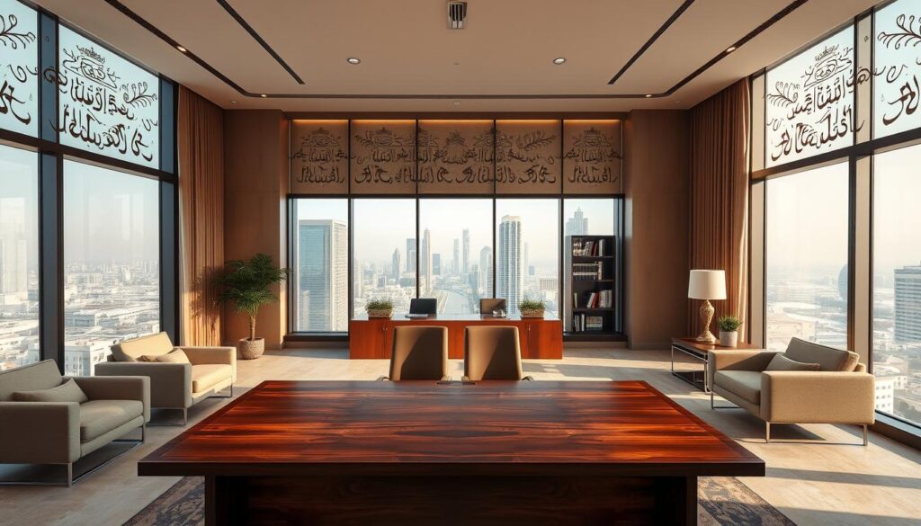 A modern, well-appointed law office in Riyadh, Saudi Arabia. The spacious room features a warm, inviting atmosphere with floor-to-ceiling windows overlooking the bustling city skyline. Sleek, contemporary furniture in muted tones creates a professional yet comfortable ambiance. Intricate Arabic calligraphy adorns the walls, reflecting the firm's cultural heritage. Soft, diffused lighting casts a glow over the scene, enhancing the sense of sophistication. A large, mahogany desk dominates the foreground, symbolizing the firm's expertise and authority in labor law matters. The overall impression conveys a trustworthy, well-established legal practice dedicated to serving its clients.