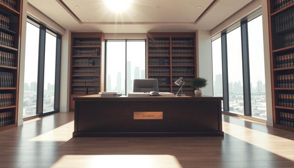 A modern, well-appointed law office in the heart of Jeddah, Saudi Arabia. Sunlight streams through large windows, illuminating a sleek, minimalist interior design. A polished wooden desk sits in the foreground, adorned with a brass nameplate and a neatly organized array of legal documents. Behind it, tall bookshelves line the walls, filled with volumes of local and international law. In the background, the city skyline is visible through the windows, a testament to the firm's prominence and expertise in navigating the complex legal landscape of Jeddah. An air of professionalism and authority permeates the scene, inviting visitors to trust the firm's guidance on local regulations and statutes.