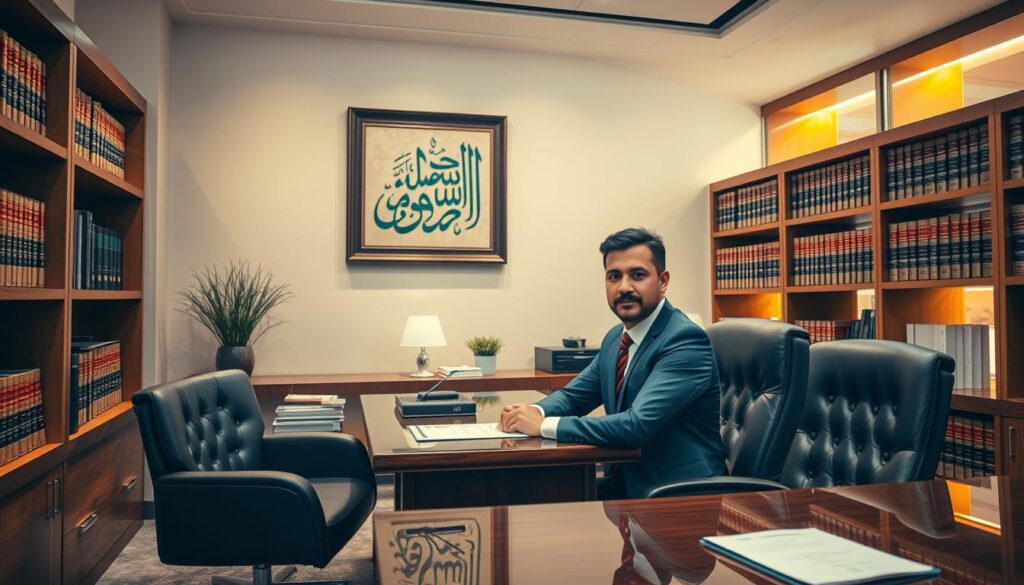 A modern, well-appointed law office interior in Jeddah, Saudi Arabia. Warm lighting from floor-to-ceiling windows illuminates a polished wooden desk, leather chairs, and bookshelves filled with legal tomes. An elegant Arabic calligraphy artwork hangs on the wall, reflecting the local cultural heritage. A professional-looking lawyer in a suit sits at the desk, ready to provide legal counsel and guidance to a client. The atmosphere conveys a sense of expertise, sophistication, and trustworthiness.